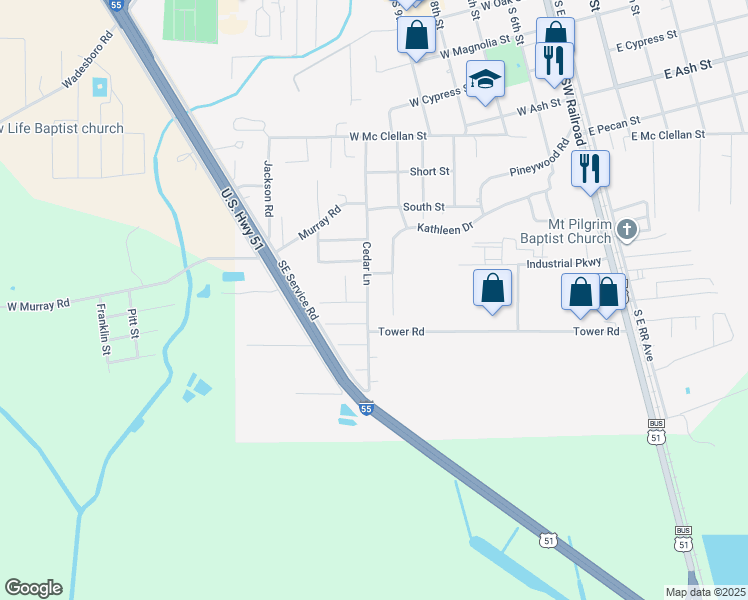 map of restaurants, bars, coffee shops, grocery stores, and more near 482 Cedar Lane in Ponchatoula