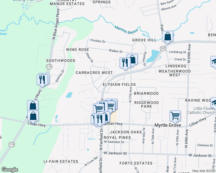 map of restaurants, bars, coffee shops, grocery stores, and more near 7862 Apollo Drive in Pensacola