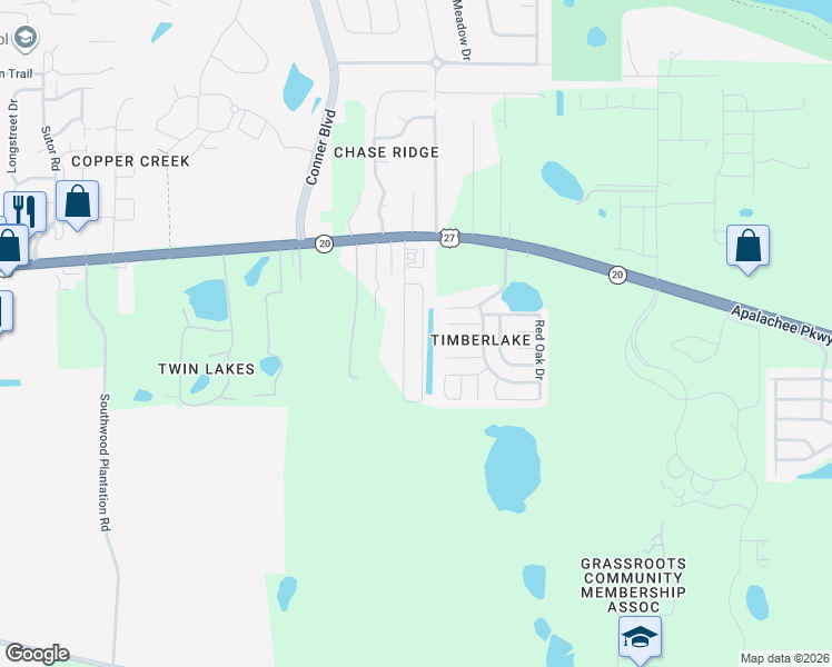map of restaurants, bars, coffee shops, grocery stores, and more near 2364 Quazar Circle in Tallahassee