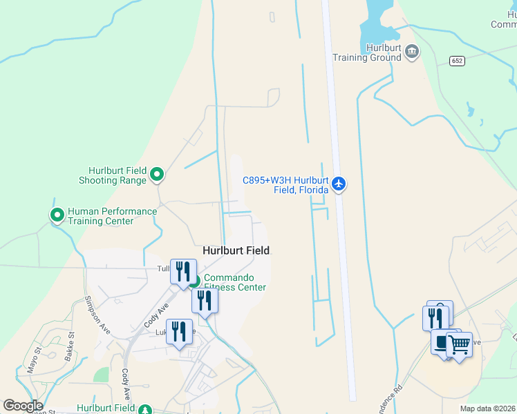 map of restaurants, bars, coffee shops, grocery stores, and more near 230 Bennett Avenue in Hurlburt Field