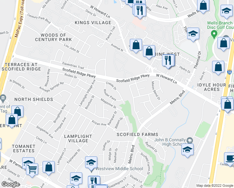 map of restaurants, bars, coffee shops, grocery stores, and more near 1919 Creole Drive in Austin