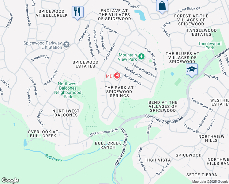 map of restaurants, bars, coffee shops, grocery stores, and more near 10551 Tweedsmuir Drive in Austin