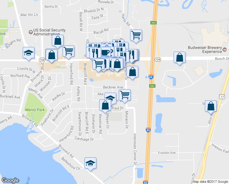 map of restaurants, bars, coffee shops, grocery stores, and more near 10531 Doniphan Dr in Jacksonville