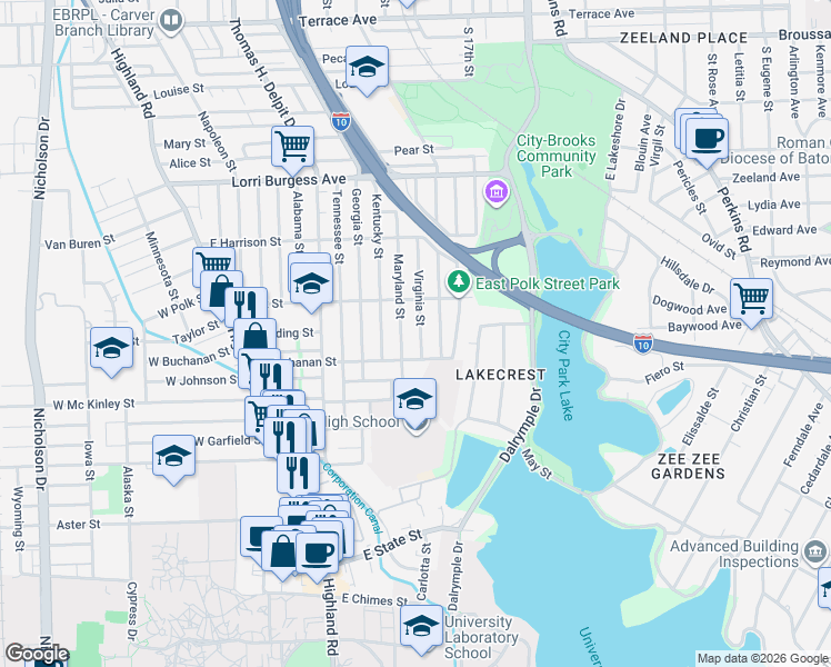 map of restaurants, bars, coffee shops, grocery stores, and more near 2322 Virginia Street in Baton Rouge