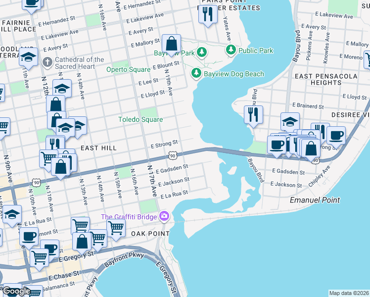 map of restaurants, bars, coffee shops, grocery stores, and more near 1900 East Cervantes Street in Pensacola