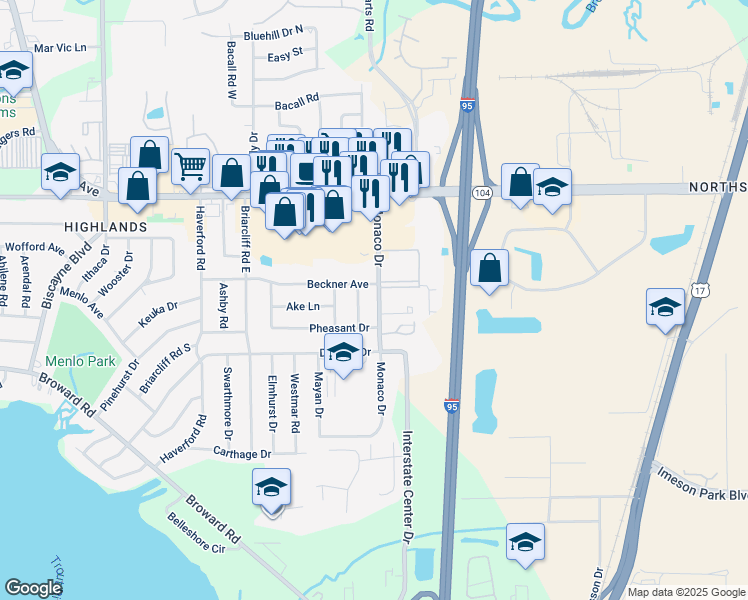 map of restaurants, bars, coffee shops, grocery stores, and more near 10534 Monaco Drive in Jacksonville