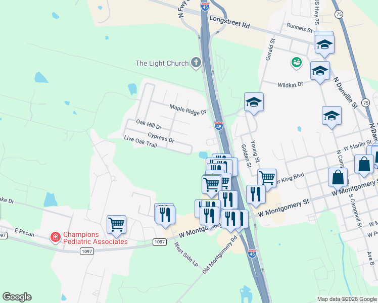 map of restaurants, bars, coffee shops, grocery stores, and more near 9514 Live Oak Trail in Willis