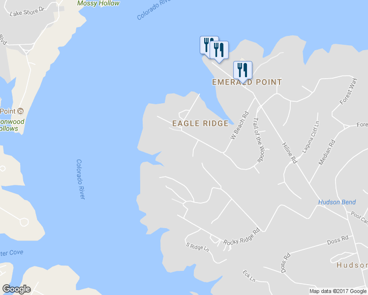 map of restaurants, bars, coffee shops, grocery stores, and more near 17303 West Beach Road in Austin