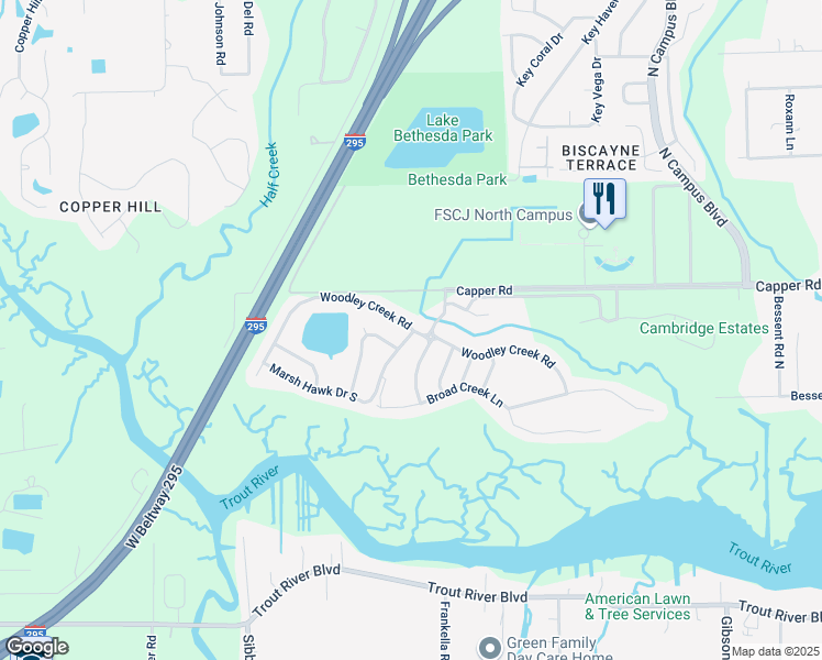 map of restaurants, bars, coffee shops, grocery stores, and more near 4326 Woodley Creek Road in Jacksonville