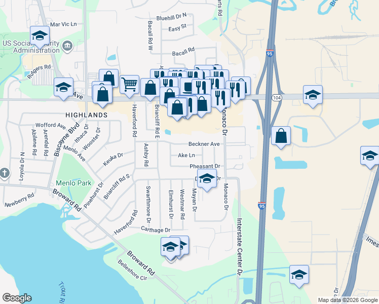 map of restaurants, bars, coffee shops, grocery stores, and more near 1033 Ake Lane in Jacksonville
