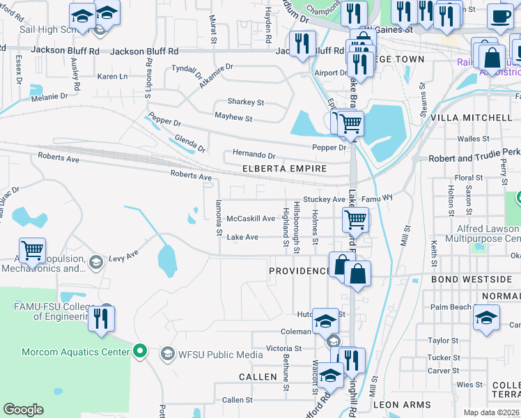 map of restaurants, bars, coffee shops, grocery stores, and more near 1510 McCaskill Avenue in Tallahassee