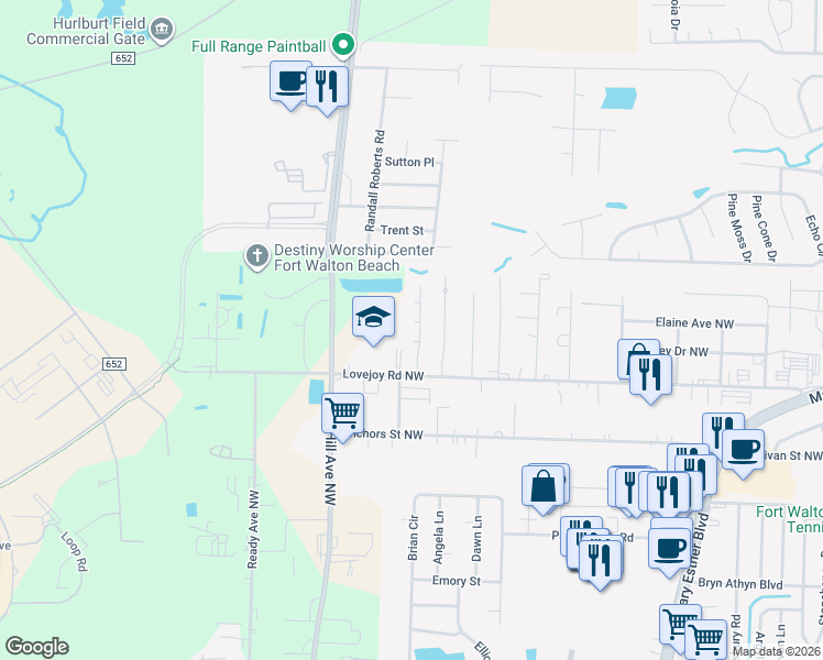 map of restaurants, bars, coffee shops, grocery stores, and more near 215 Combs Manor Court Northwest in Fort Walton Beach