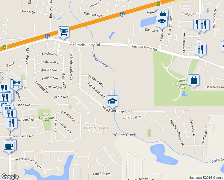 map of restaurants, bars, coffee shops, grocery stores, and more near 15422 Streamwood Court in Baton Rouge