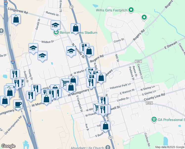map of restaurants, bars, coffee shops, grocery stores, and more near 300 North Bell Street in Willis