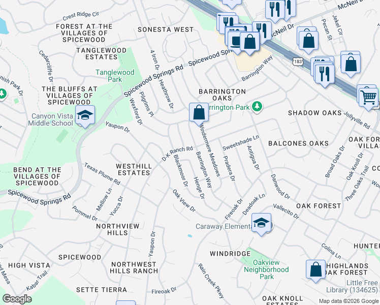 map of restaurants, bars, coffee shops, grocery stores, and more near 11323 D-K Ranch Road in Austin
