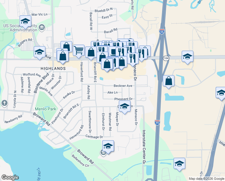 map of restaurants, bars, coffee shops, grocery stores, and more near 1039 Ake Lane in Jacksonville