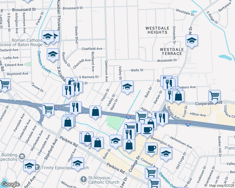 map of restaurants, bars, coffee shops, grocery stores, and more near 2456 Nairn Drive in Baton Rouge