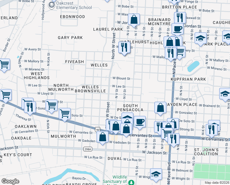 map of restaurants, bars, coffee shops, grocery stores, and more near 1301 North V Street in Pensacola