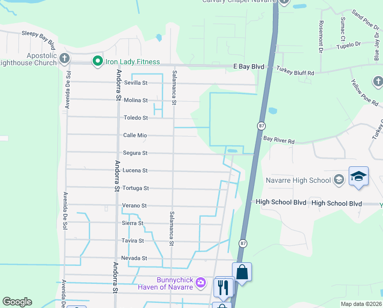 map of restaurants, bars, coffee shops, grocery stores, and more near 8362 Segura Street in Navarre