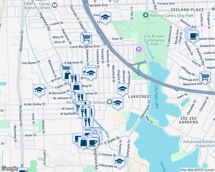 map of restaurants, bars, coffee shops, grocery stores, and more near 2304 Kentucky Street in Baton Rouge