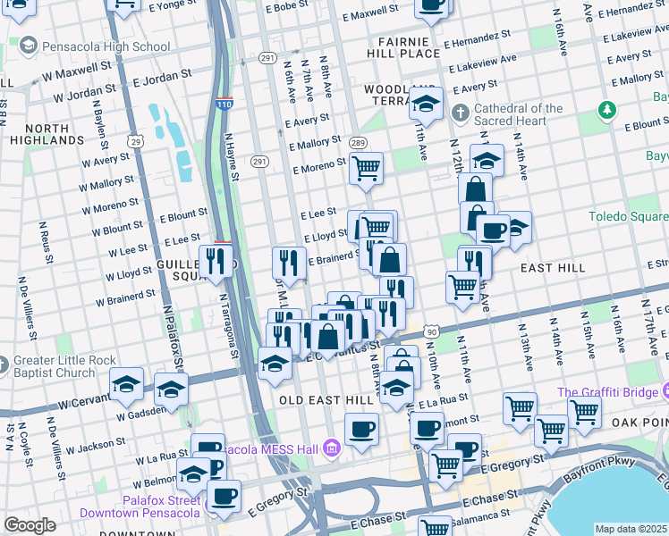 map of restaurants, bars, coffee shops, grocery stores, and more near 1115 N 7th Ave in Pensacola