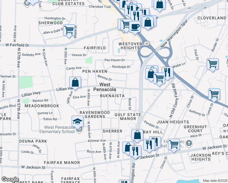 map of restaurants, bars, coffee shops, grocery stores, and more near in West Pensacola