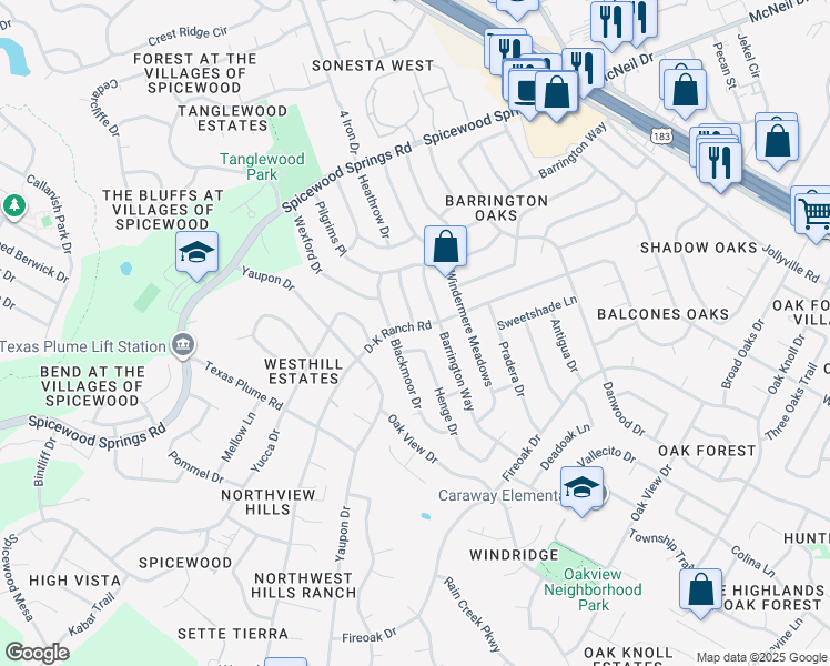 map of restaurants, bars, coffee shops, grocery stores, and more near 11323 D-K Ranch Road in Austin