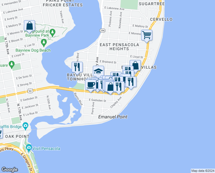 map of restaurants, bars, coffee shops, grocery stores, and more near 3003 East Strong Street in Pensacola