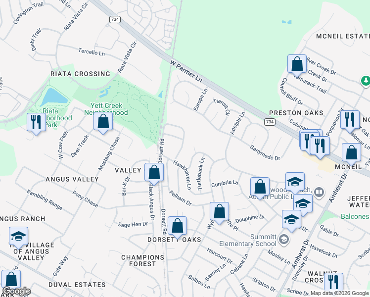 map of restaurants, bars, coffee shops, grocery stores, and more near 12417 Enchanted Forest Drive in Austin