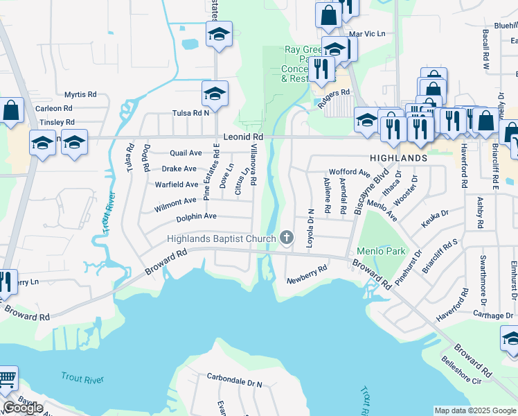 map of restaurants, bars, coffee shops, grocery stores, and more near 10515 Villanova Road in Jacksonville