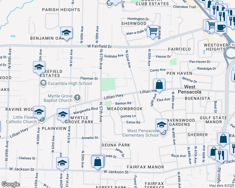 map of restaurants, bars, coffee shops, grocery stores, and more near 5398 Lillian Highway in Pensacola