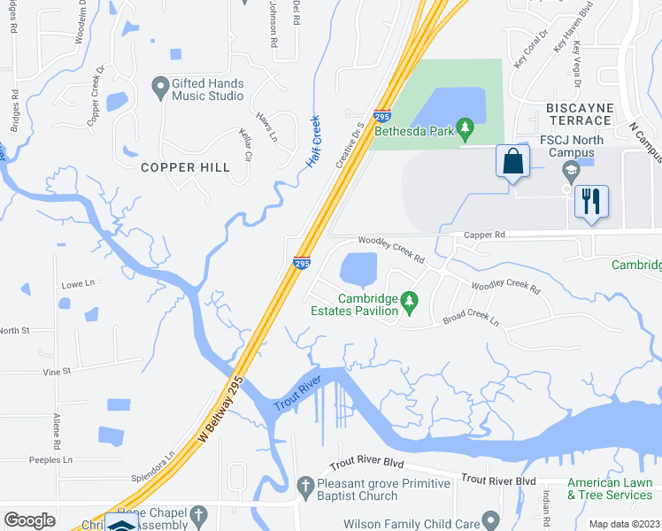 map of restaurants, bars, coffee shops, grocery stores, and more near 10341 Woodley Creek Road in Jacksonville