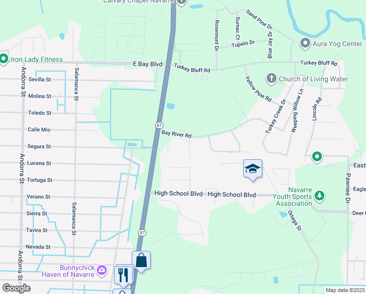 map of restaurants, bars, coffee shops, grocery stores, and more near 2533 Water Oak Street in Navarre