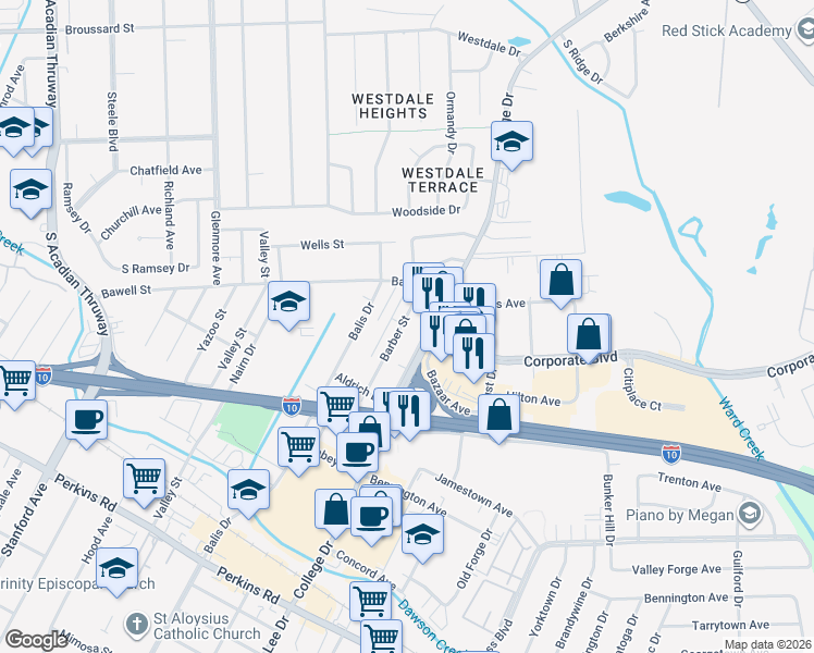 map of restaurants, bars, coffee shops, grocery stores, and more near 2435 Barber Street in Baton Rouge