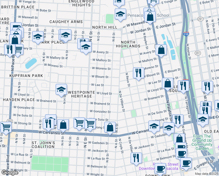 map of restaurants, bars, coffee shops, grocery stores, and more near 615 West Lee Street in Pensacola