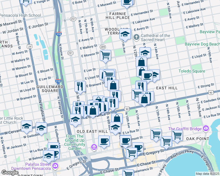 map of restaurants, bars, coffee shops, grocery stores, and more near 800 East Gonzalez Street in Pensacola