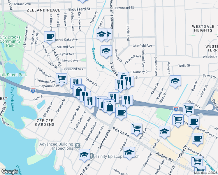 map of restaurants, bars, coffee shops, grocery stores, and more near 2479 Rhododendron Avenue in Baton Rouge