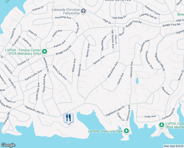 map of restaurants, bars, coffee shops, grocery stores, and more near 21001 Newhaven Cove in Lago Vista