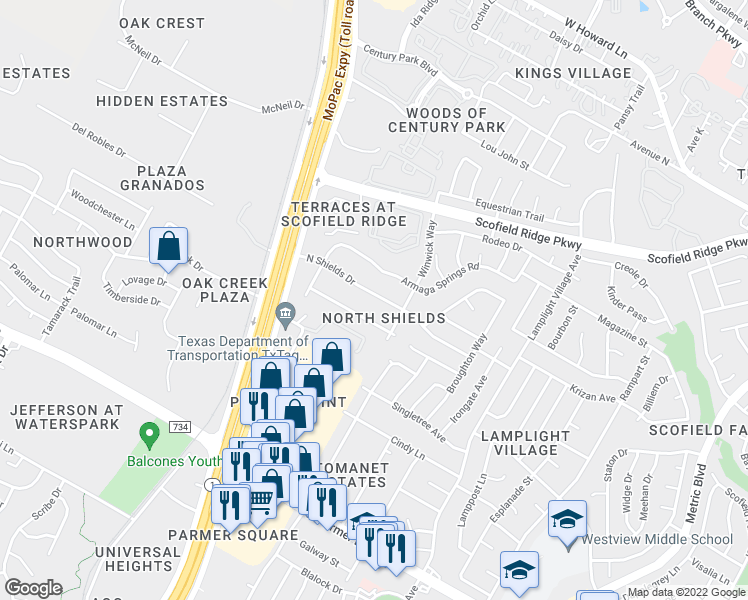 map of restaurants, bars, coffee shops, grocery stores, and more near 2503 North Shields Drive in Austin