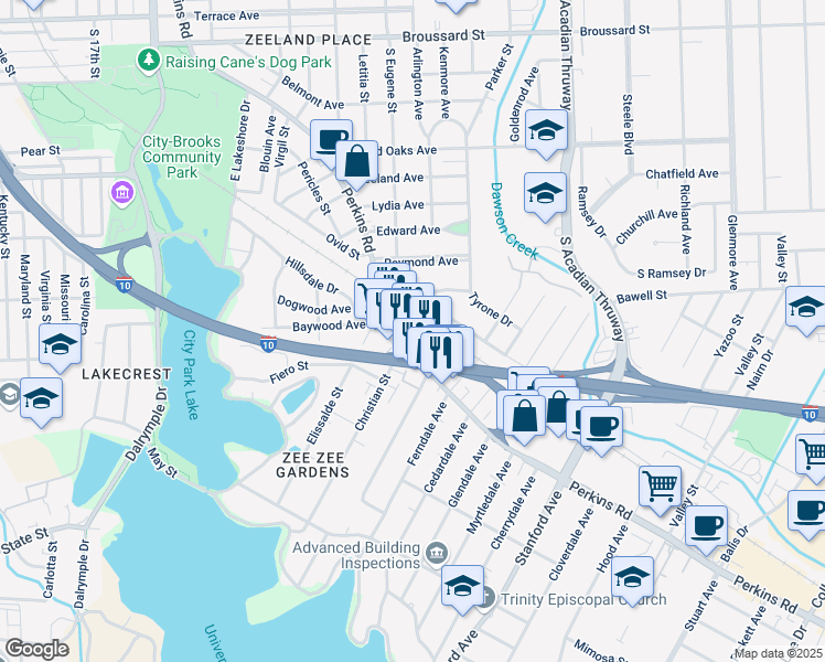 map of restaurants, bars, coffee shops, grocery stores, and more near 2937 Greenwood Drive in Baton Rouge