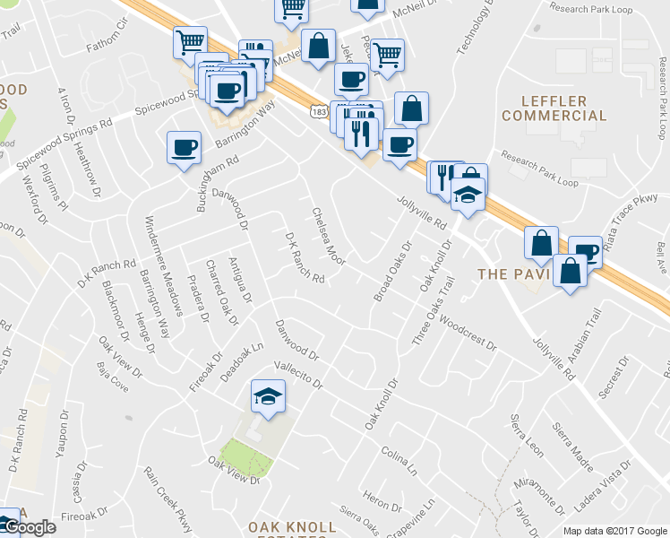 map of restaurants, bars, coffee shops, grocery stores, and more near 11752 D-K Ranch Road in Austin