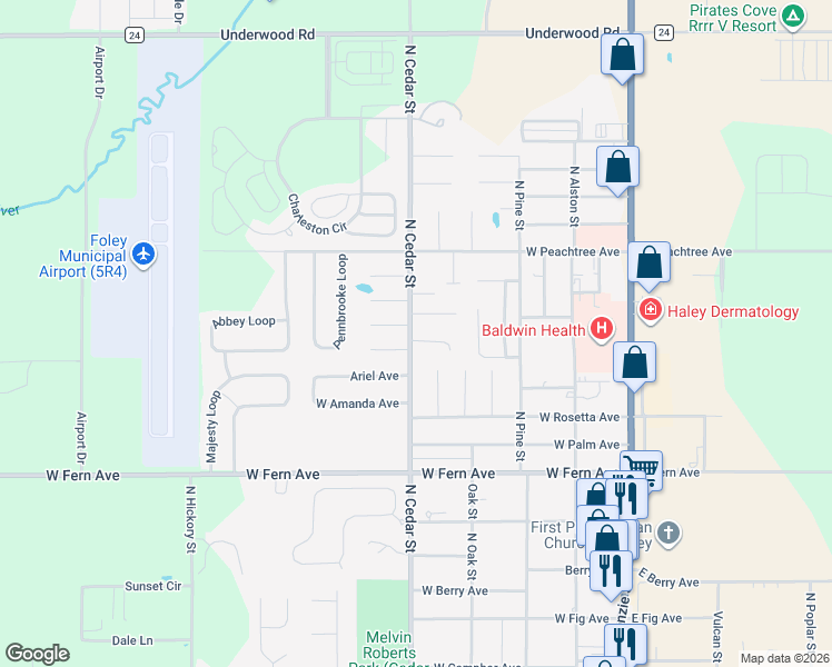 map of restaurants, bars, coffee shops, grocery stores, and more near 428 Cedar Court in Foley
