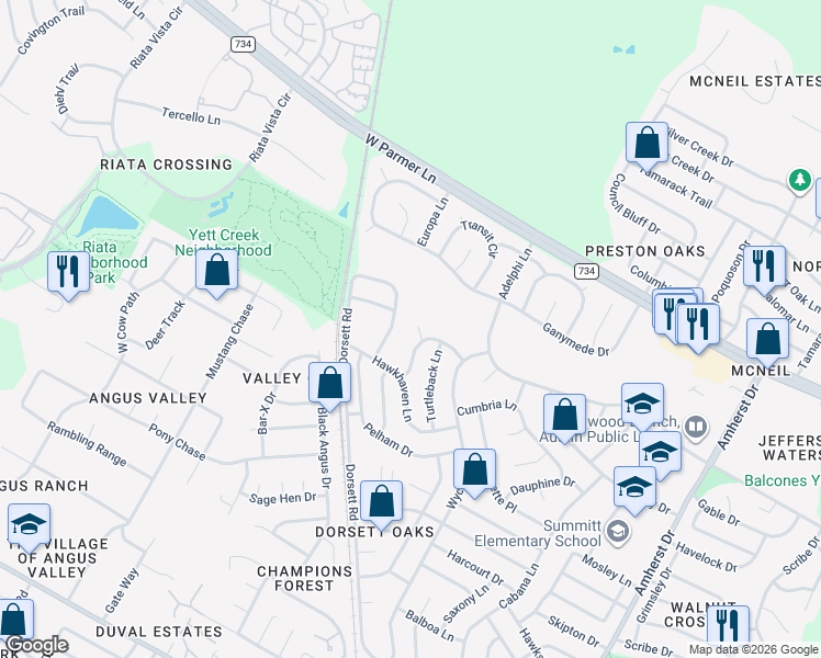 map of restaurants, bars, coffee shops, grocery stores, and more near 12417 Enchanted Forest Drive in Austin