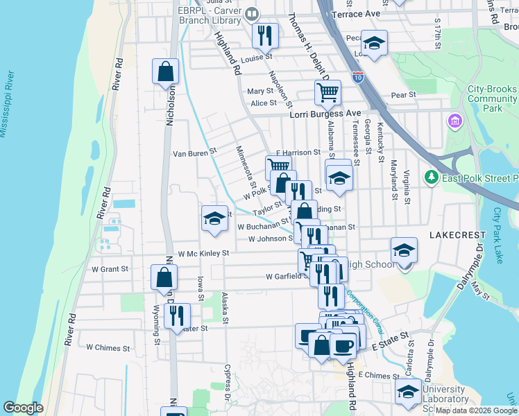 map of restaurants, bars, coffee shops, grocery stores, and more near 2258 Minnesota Street in Baton Rouge