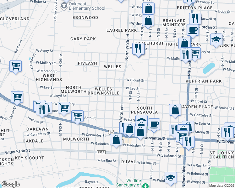 map of restaurants, bars, coffee shops, grocery stores, and more near 2916 West Lloyd Street in Pensacola