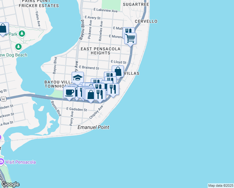 map of restaurants, bars, coffee shops, grocery stores, and more near 710 Scenic Highway in Pensacola