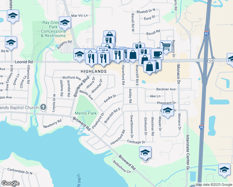 map of restaurants, bars, coffee shops, grocery stores, and more near 10516 Keuka Drive in Jacksonville