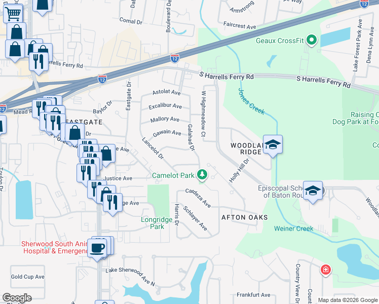 map of restaurants, bars, coffee shops, grocery stores, and more near 12532 Percival Avenue in Baton Rouge