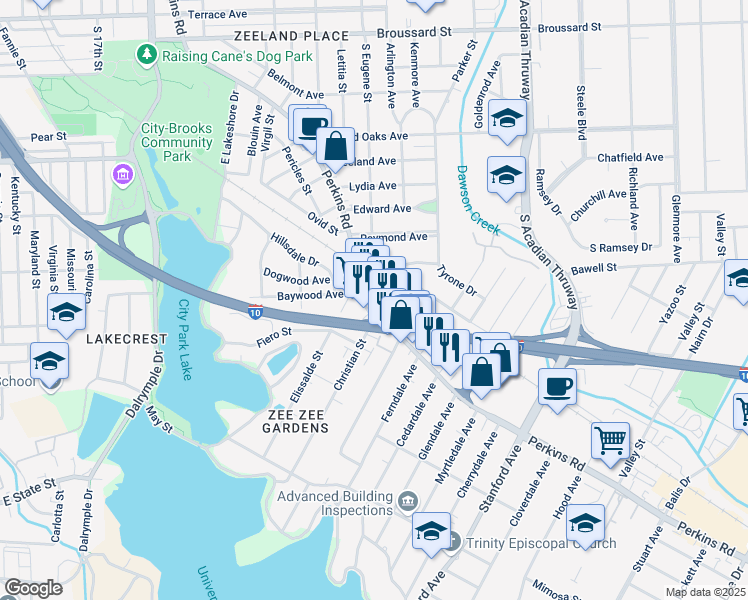map of restaurants, bars, coffee shops, grocery stores, and more near 2857 Kalurah Street in Baton Rouge