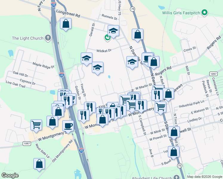 map of restaurants, bars, coffee shops, grocery stores, and more near 105 Turner Drive in Willis